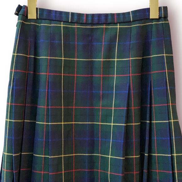 FABULOUS Vintage PENDLETON Classic Green Tartan Plaid Pleated Wool Midi Skirt - Picture 2 of 7